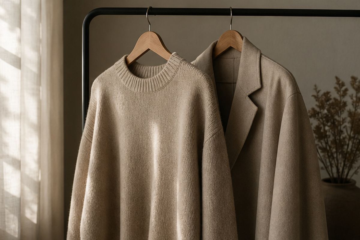 Obszerny beżowy sweter i szeroki płaszcz w stylu oversize na wieszaku
