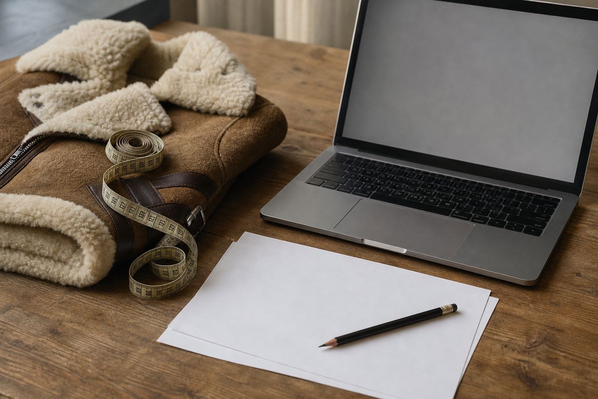 Centymetr krawiecki na złożonym kożuchu obok laptopa i czystych kartek