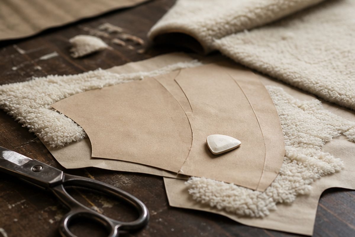 Stół krawiecki z kawałkami kożucha, papierowym wykrojem i kredą