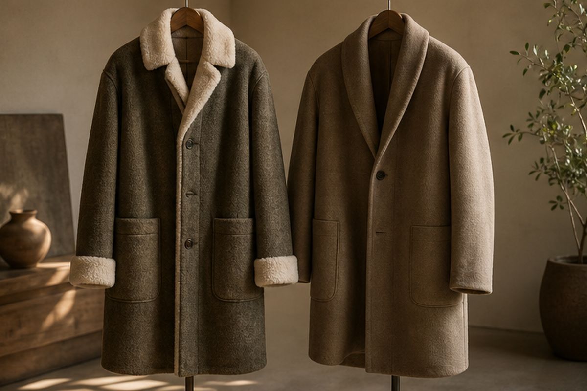 Dwa kożuchy na manekinach z wełnianym obszyciem kołnierza i mankietów