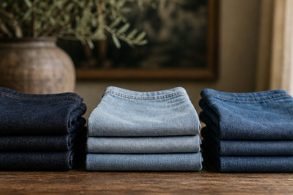 Trzy stosy denimu: surowego ciemnego, spranego jasnego i z elastanem